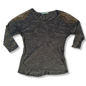 Maurices Top Tee Shirt Blouse Gray Heather Embellished 3/4 Sleeve Aztec Size S